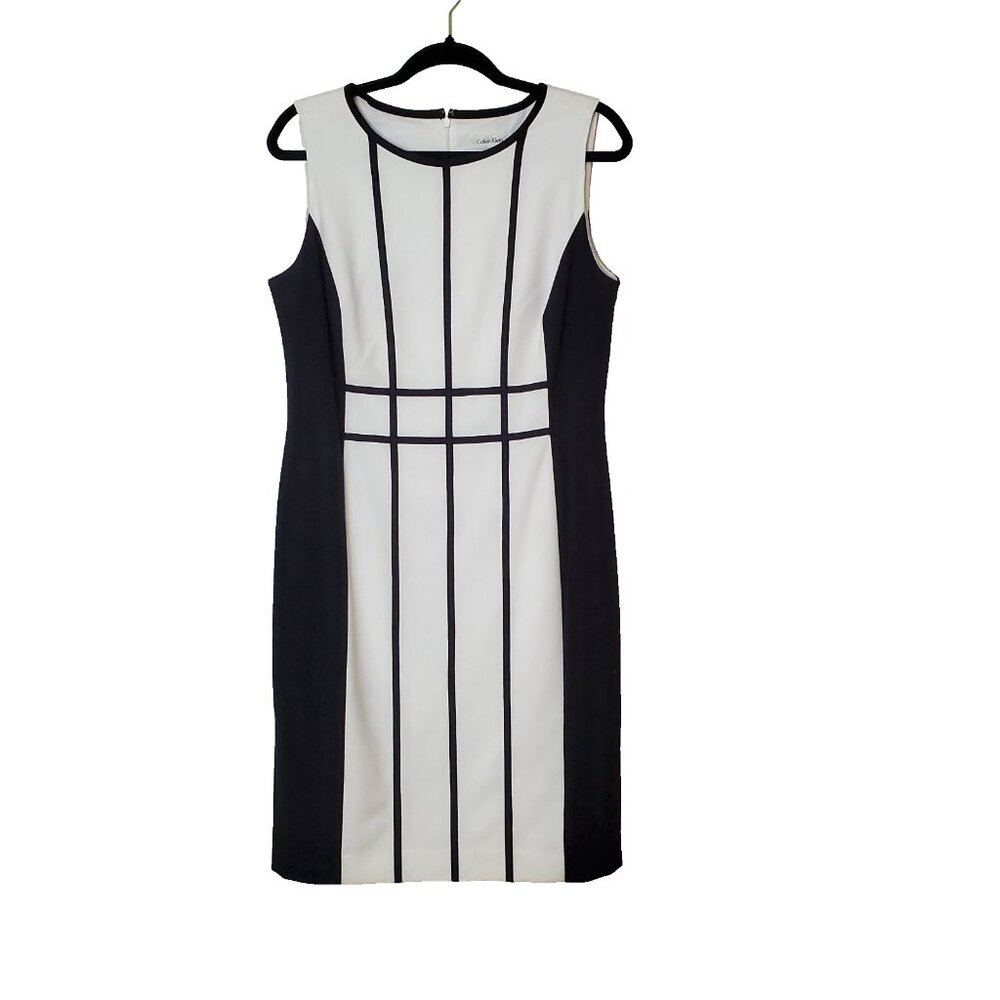 Calvin Klein Dress 12 Black And White Lined Fitted Office Wear Back Zip